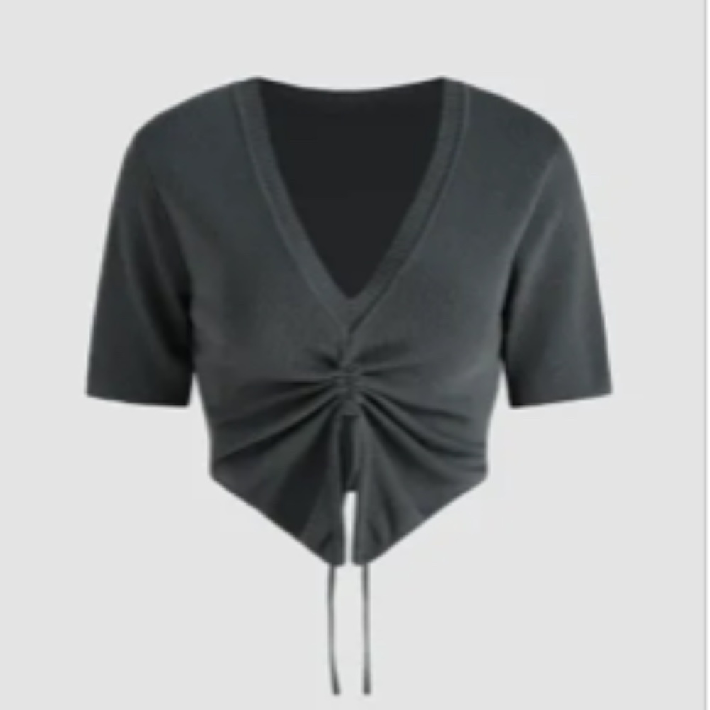 KNIT V-NECK DRAWSTRING CROP TOP